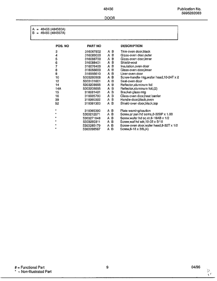 Door Page 2 Diagram and Parts List for 484560A  Frigidaire Range
