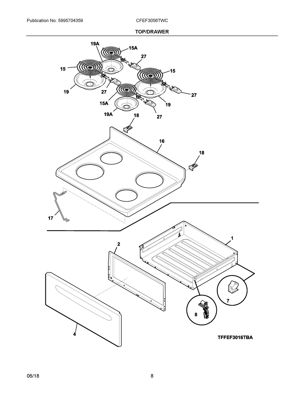 Top/drawer Diagram and Parts List for CFEF3056TWC  Frigidaire Range