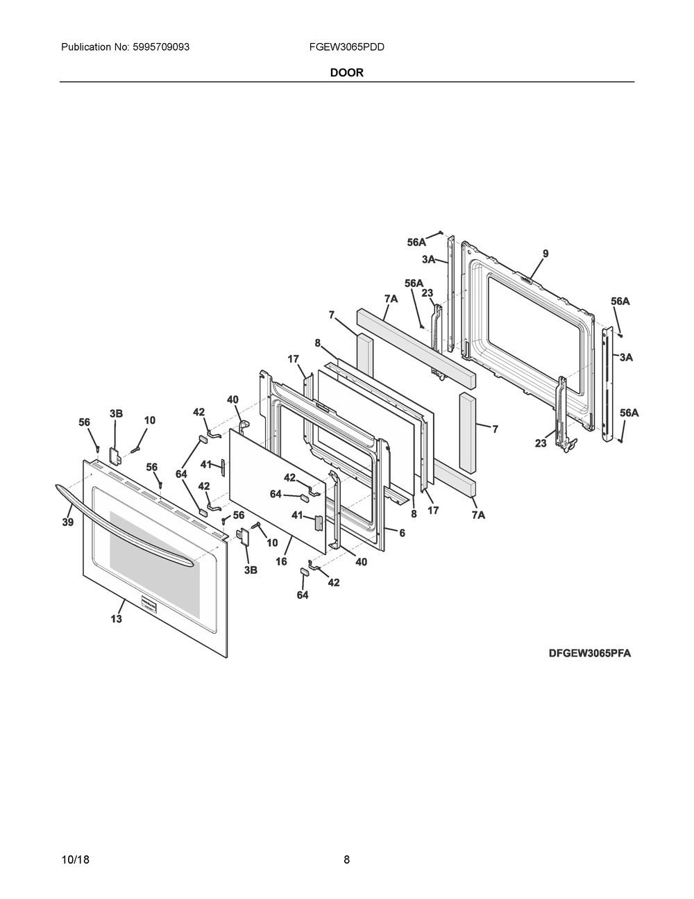 Door Diagram and Parts List for FGEW3065PDD  Frigidaire Wall Oven