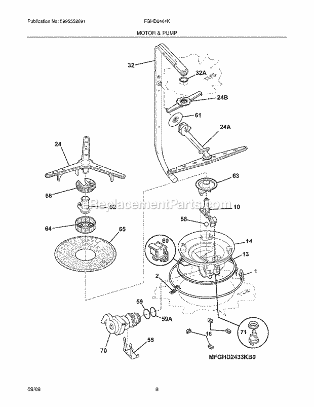 Motor & Pump Diagram and Parts List for FGHD2461KW1  Frigidaire Dishwasher