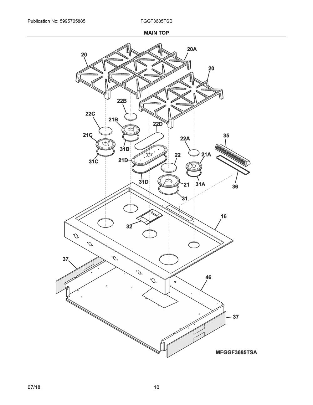 Main Top Diagram and Parts List for FGGF3685TSB  Frigidaire Range