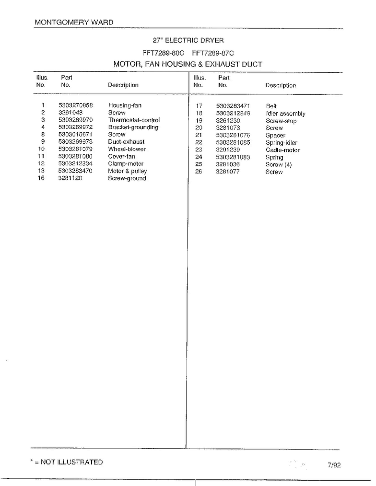 Motor, Fan Housing & Exhaust Duct Page 2 Diagram and Parts List for 7289-87C  Frigidaire Dryer