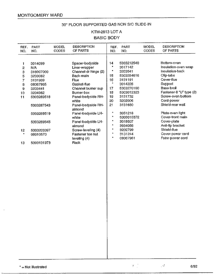Basic Body Page 2 Diagram and Parts List for 2813A  Frigidaire Range