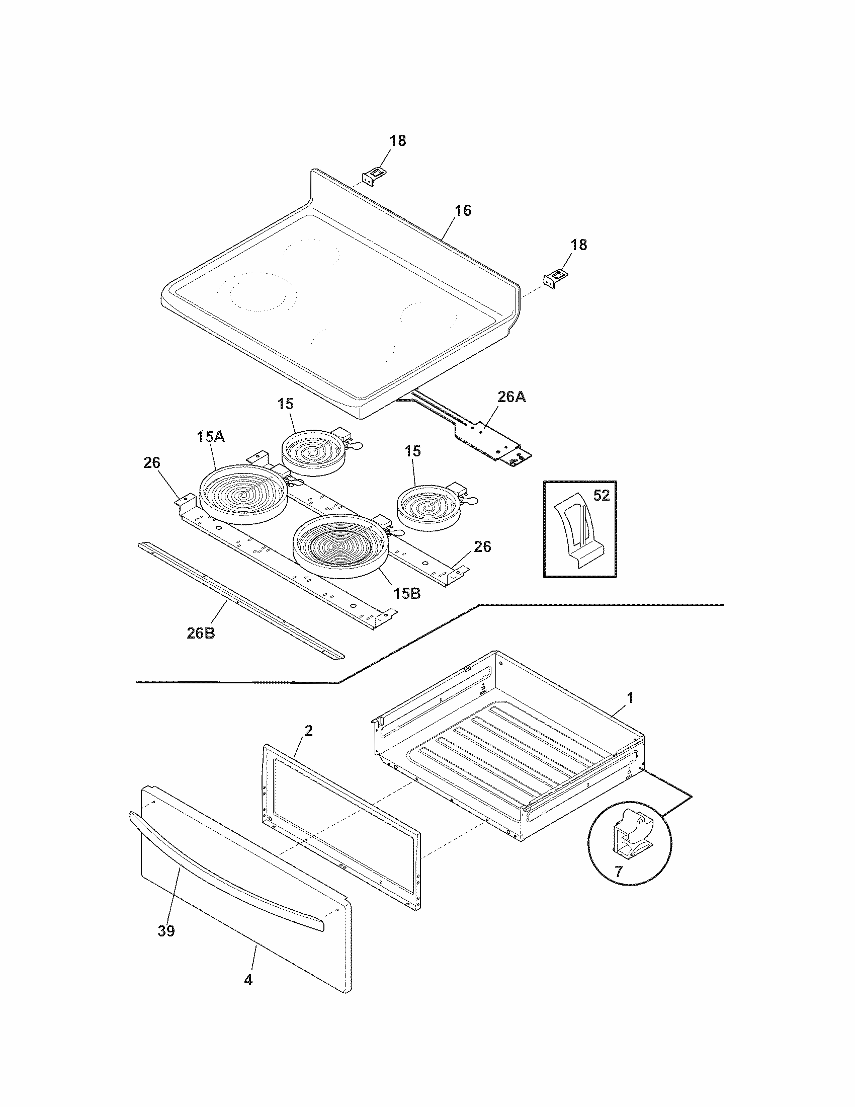 Top/drawer Diagram and Parts List for 79092303013  Kenmore Range