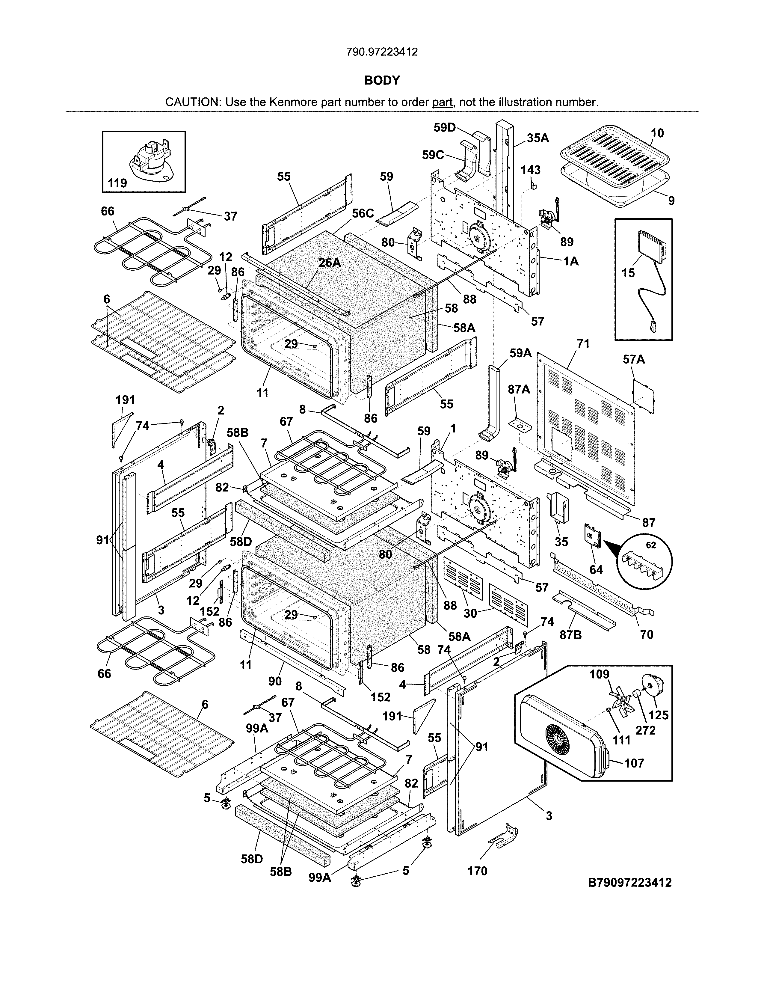 Body Diagram and Parts List for 79097223412  Kenmore Range