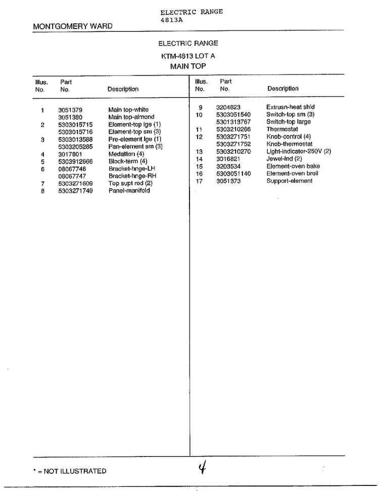 Main Top Page 2 Diagram and Parts List for 4813A  Frigidaire Range