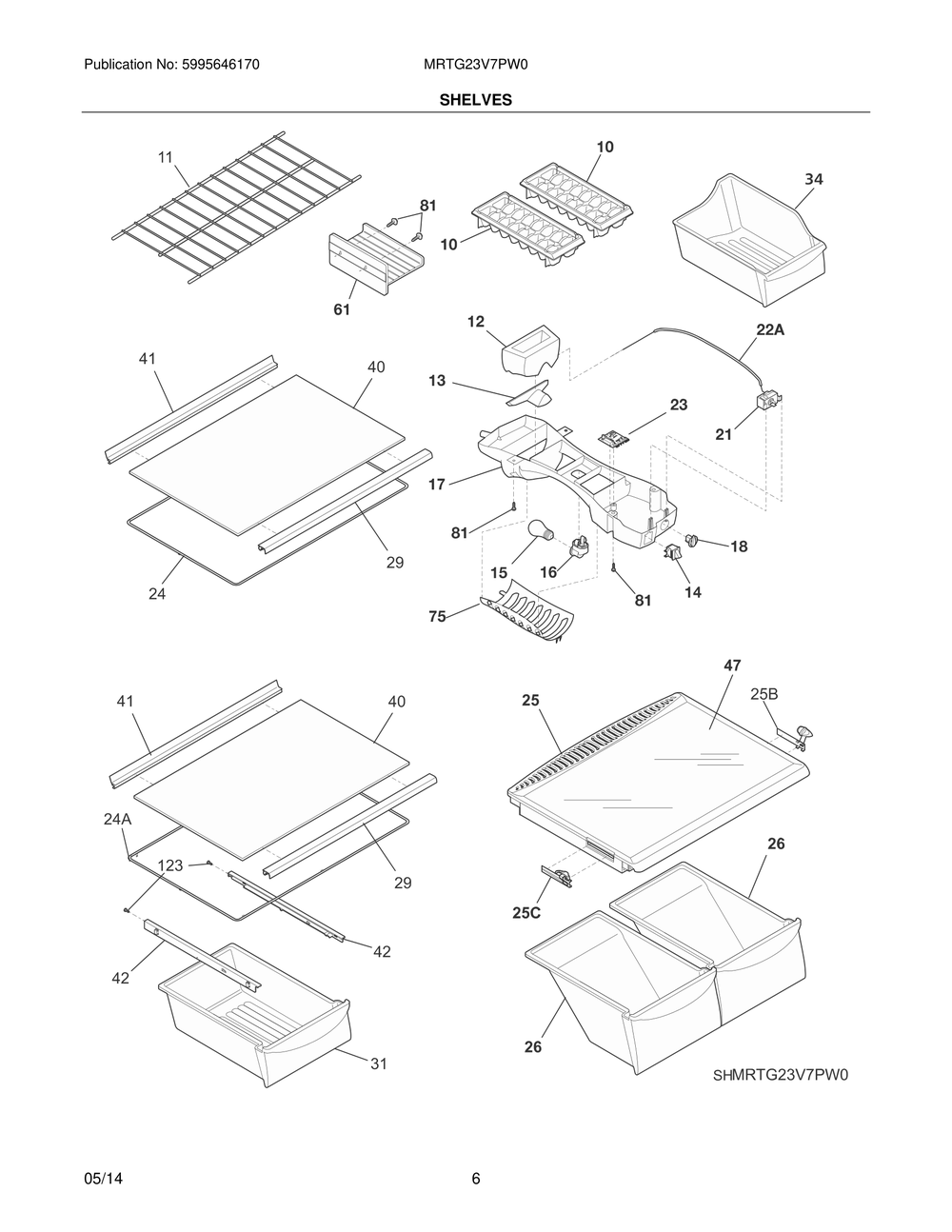 Shelves Diagram and Parts List for MRTG23V7PW0  Westinghouse Refrigerator