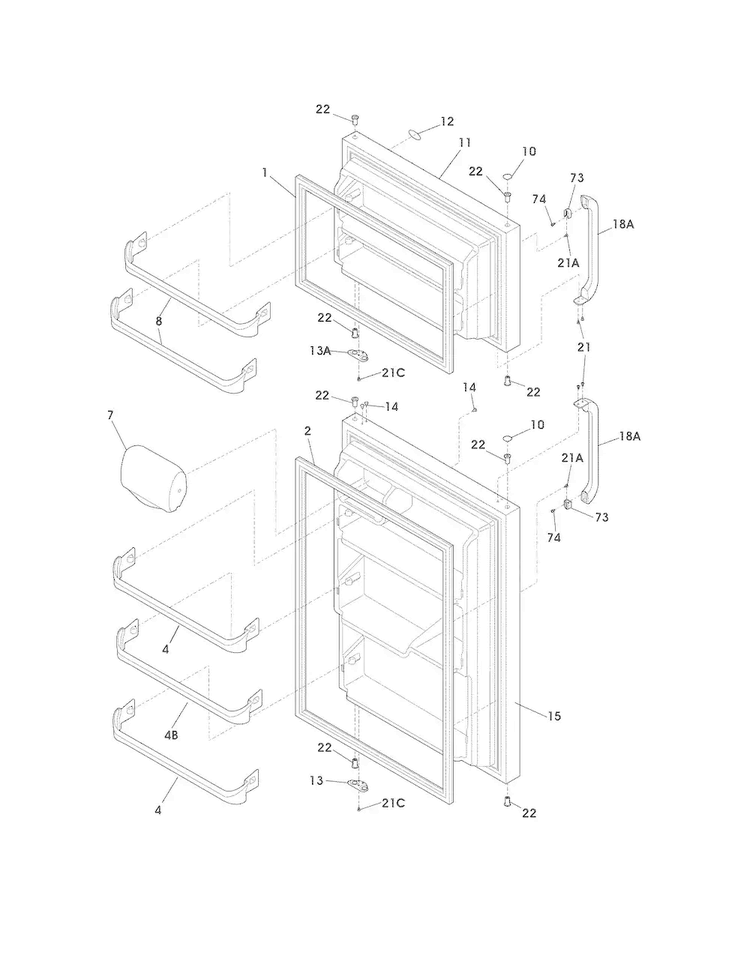 Doors Diagram and Parts List for WRT8G3EWW  Westinghouse Refrigerator