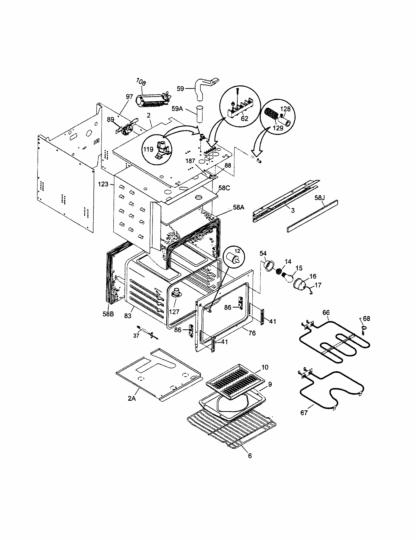 Upper Oven Diagram and Parts List for 79041392401  Kenmore Wall Oven
