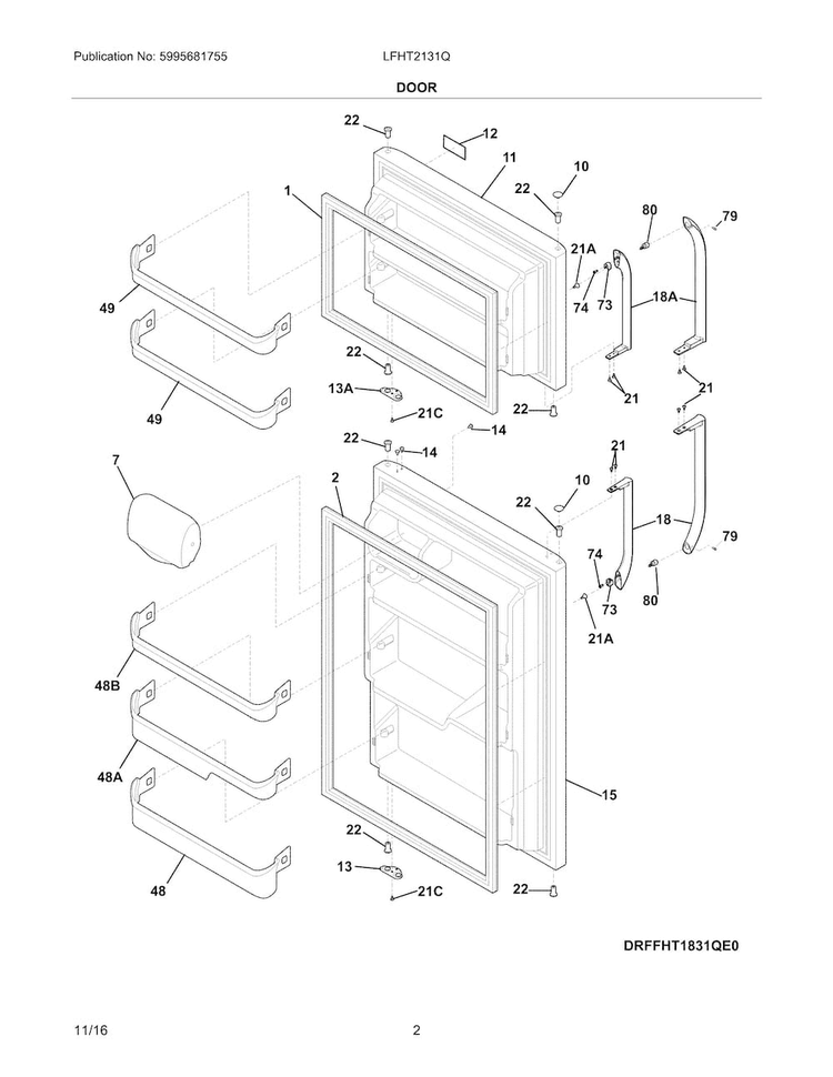 Door Diagram and Parts List for LFHT2131QF1  Frigidaire Refrigerator