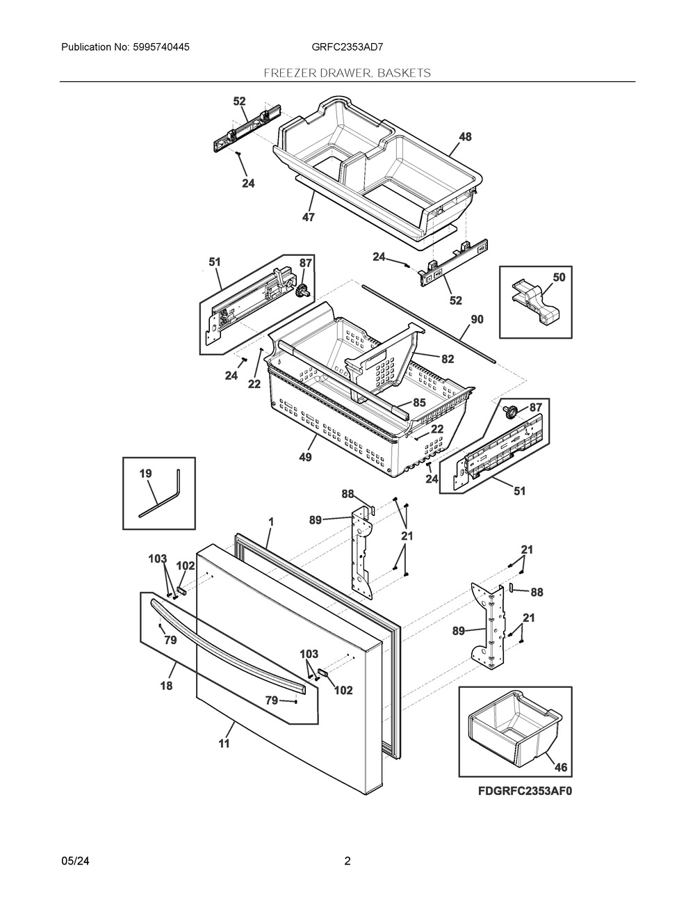 Freezer Drawer, Baskets Diagram and Parts List for GRFC2353AD7  Frigidaire Refrigerator