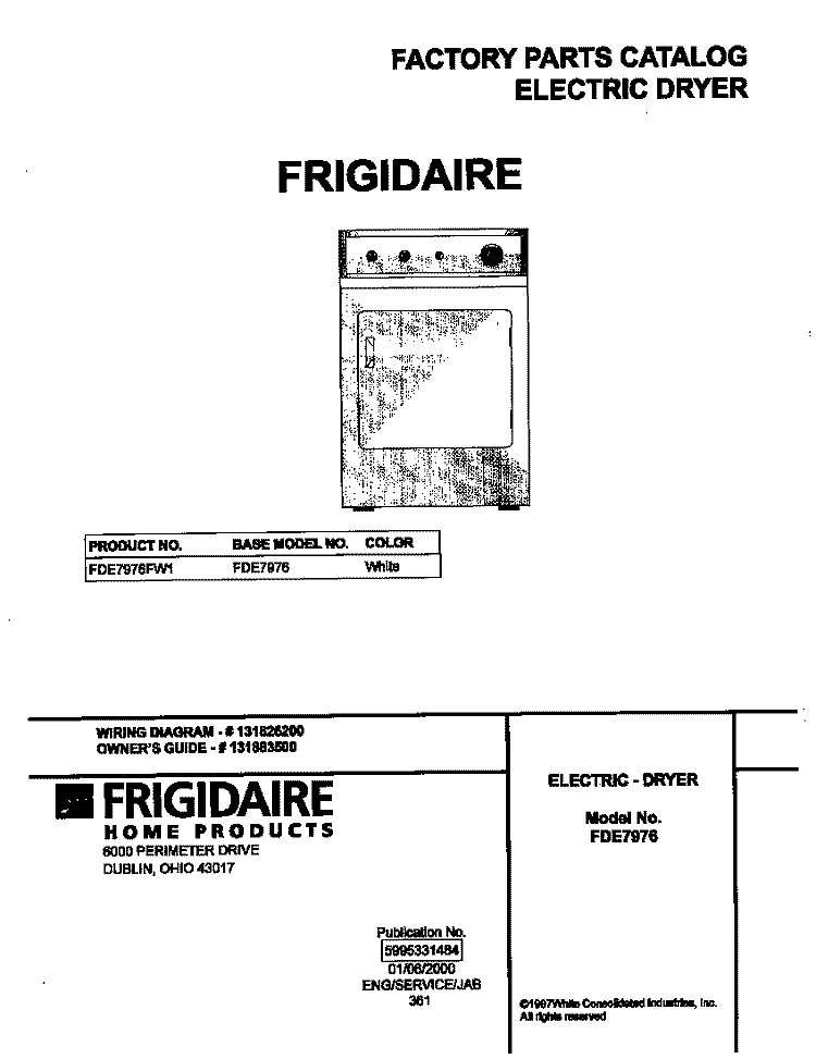 COVER Diagram and Parts List for FDE7976FW1  Frigidaire Dryer