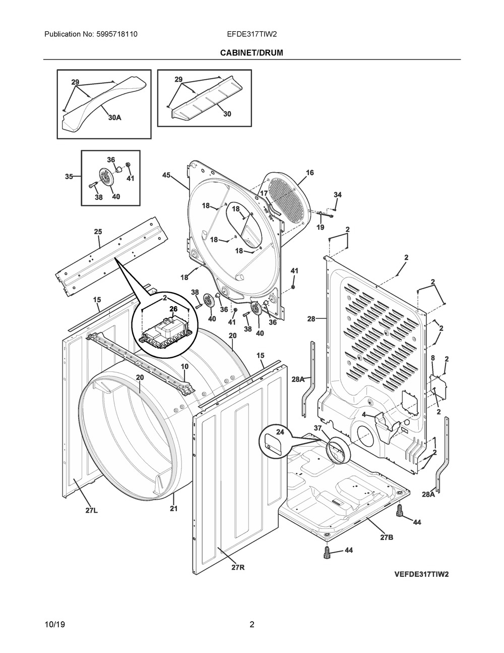 Cabinet/drum Diagram and Parts List for EFDE317TIW2  Frigidaire Dryer
