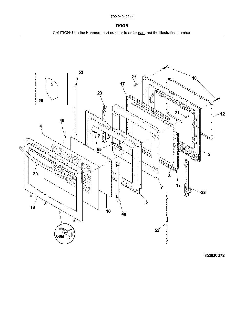Door Diagram and Parts List for 79094243314  Kenmore Range