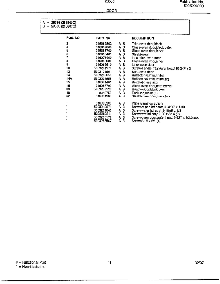 Door Page 2 Diagram and Parts List for 285860C  Frigidaire Range