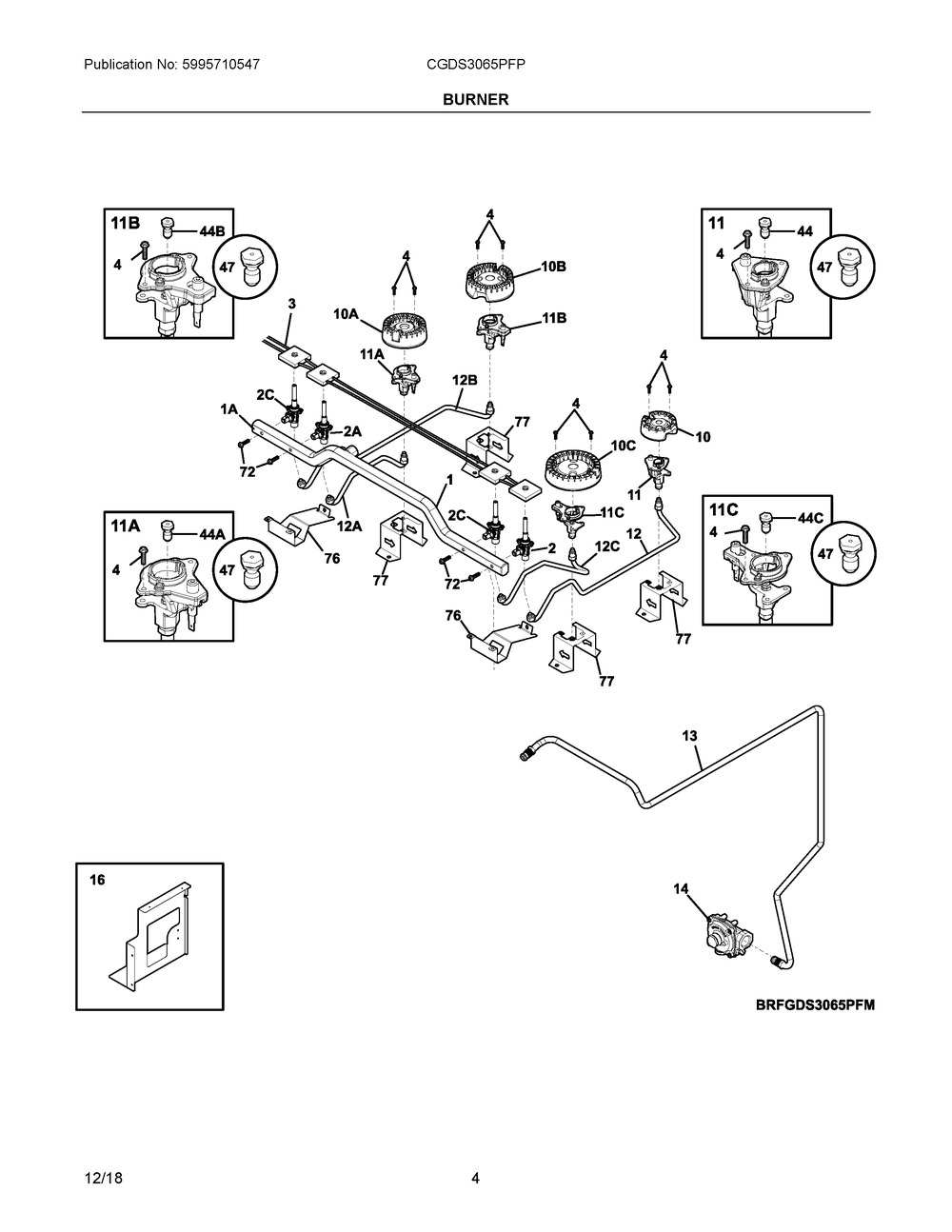 Burner Diagram and Parts List for CGDS3065PFP  Frigidaire Range