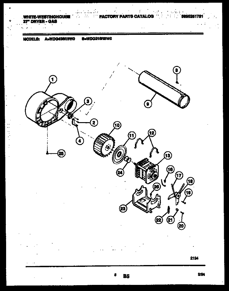 BLOWER AND DRIVE PARTS Diagram and Parts List for WDG216RBW0  Frigidaire Dryer