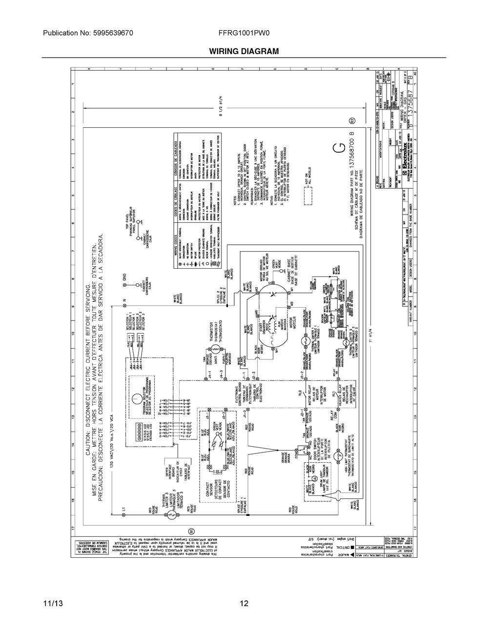 Wiring Diagram Diagram and Parts List for FFRG1001PW0  Frigidaire Dryer