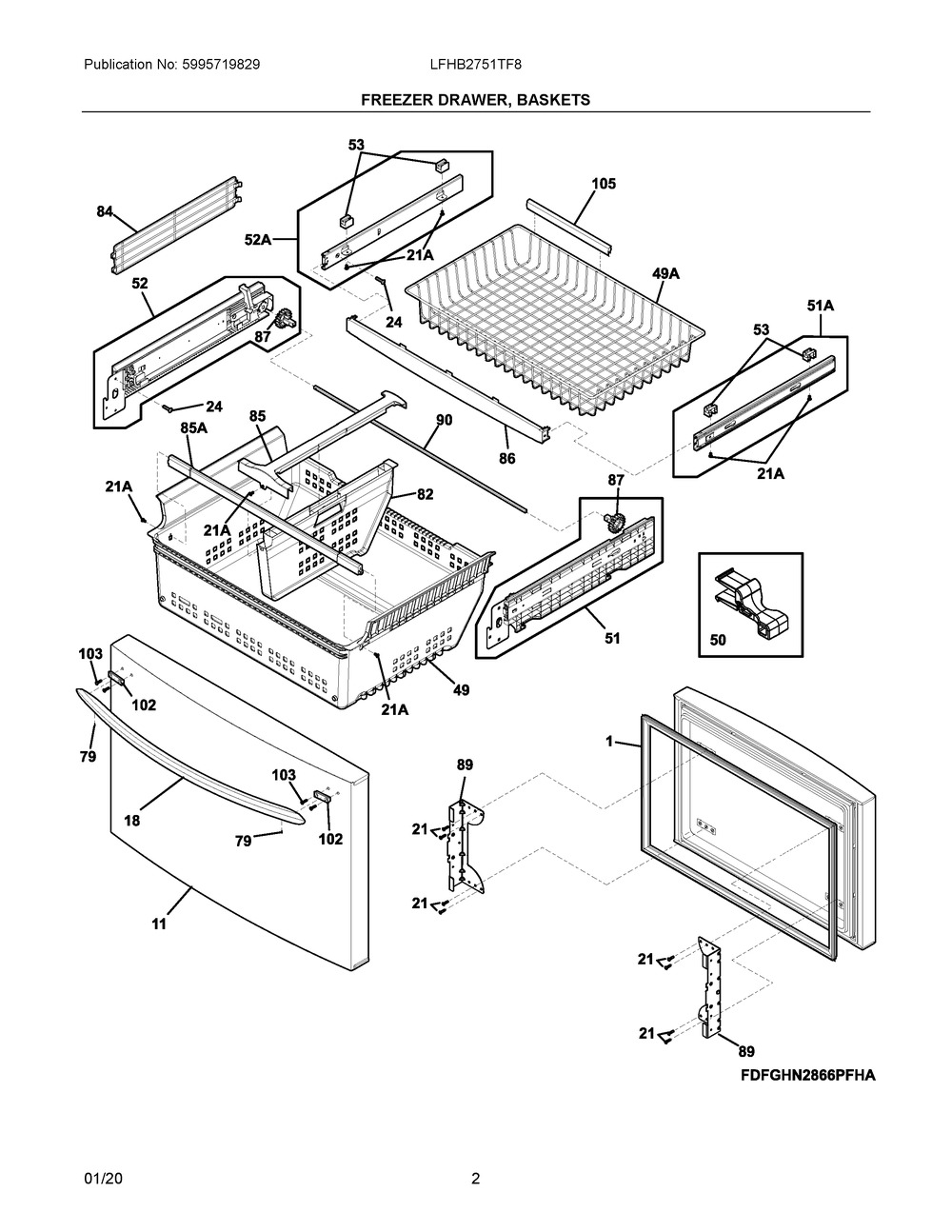 Freezer Drawer, Baskets Diagram and Parts List for LFHB2751TF8  Frigidaire Refrigerator