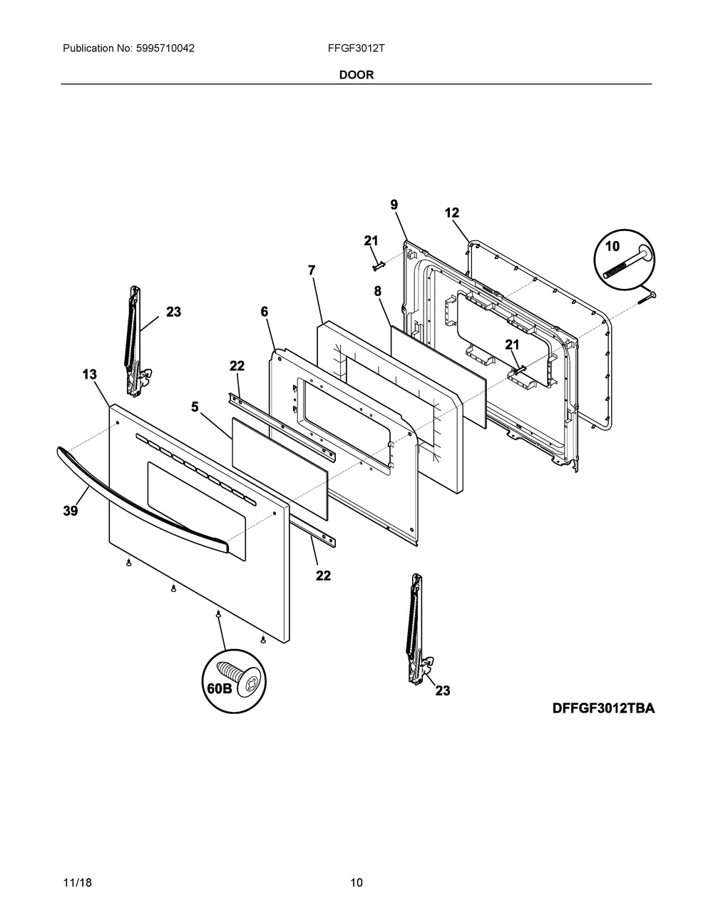 Door Diagram and Parts List for FFGF3012TWC  Frigidaire Range