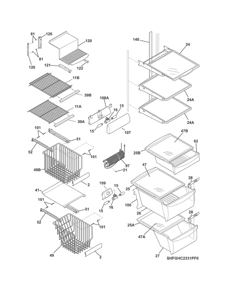 Shelves Diagram and Parts List for FGHC2331PF8  Frigidaire Refrigerator