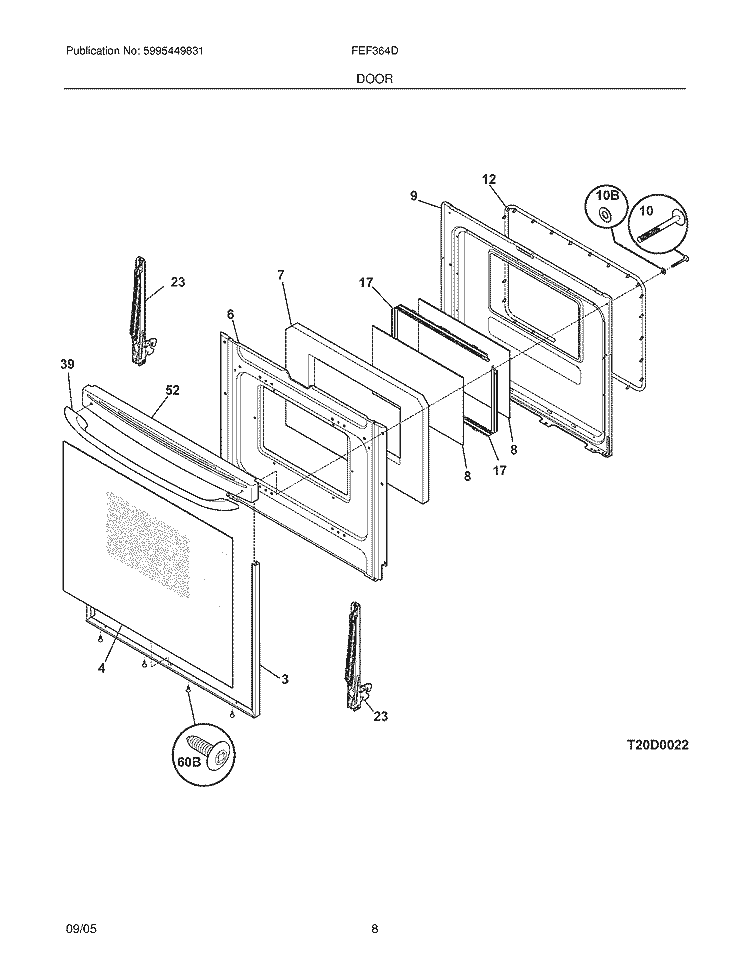 DOOR Diagram and Parts List for FEF364DSD  Frigidaire Range