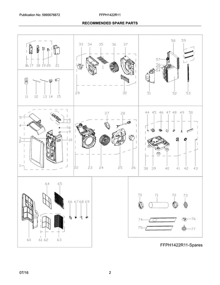 Recommended Spare Parts Diagram and Parts List for FFPH1422R11  Frigidaire Air Conditioner