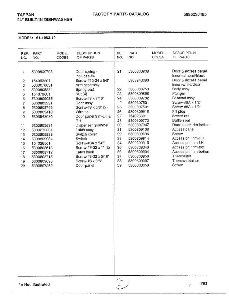 Parts List Diagram and Parts List for 61-1083-10  Frigidaire Dishwasher
