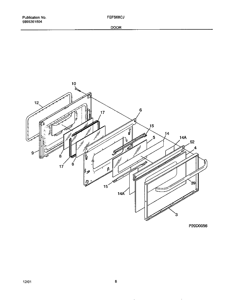 DOOR Diagram and Parts List for FEFS68CJBC  Frigidaire Range