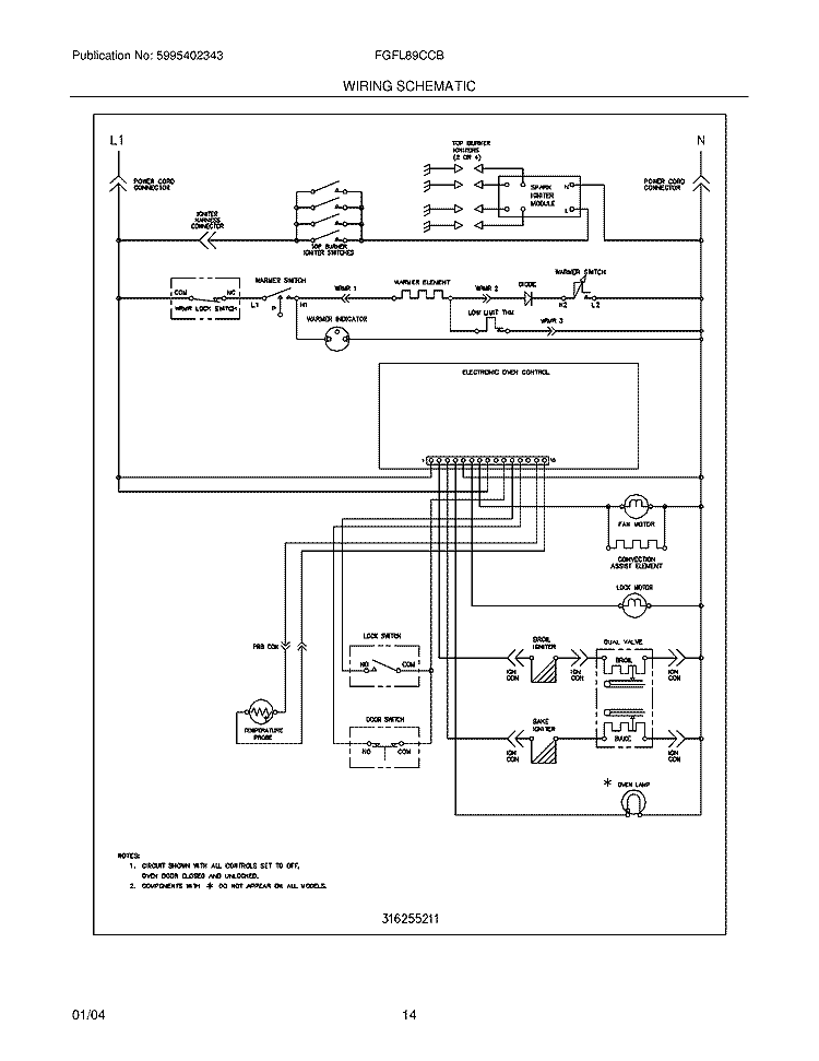 WIRING SCHEMATIC Diagram and Parts List for FGFL89CCB  Frigidaire Range