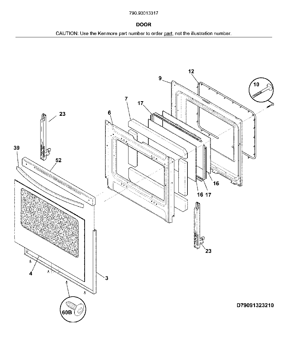 Door Diagram and Parts List for 79093013317  Kenmore Range