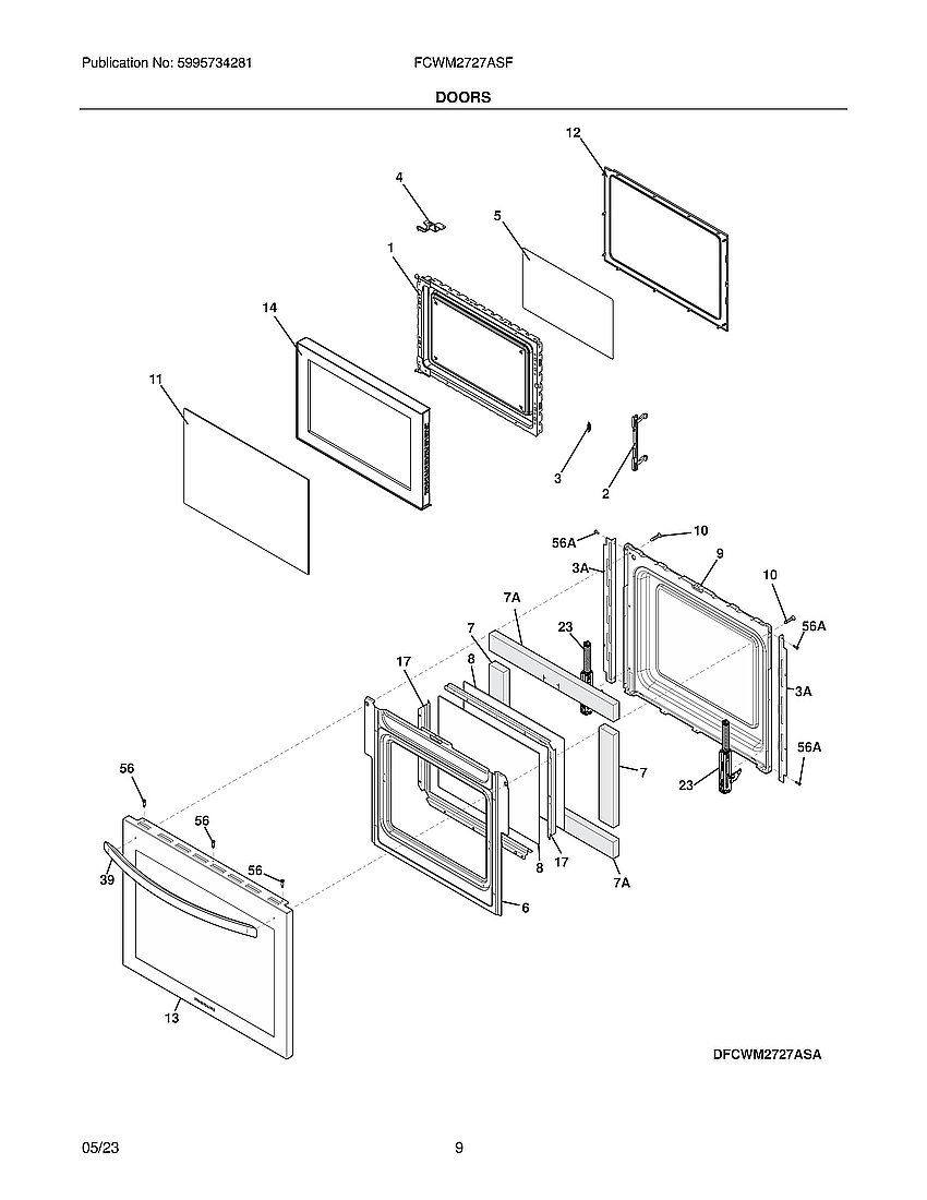 Door Diagram and Parts List for FCWM2727ASF  Electrolux Microwave Oven Combo