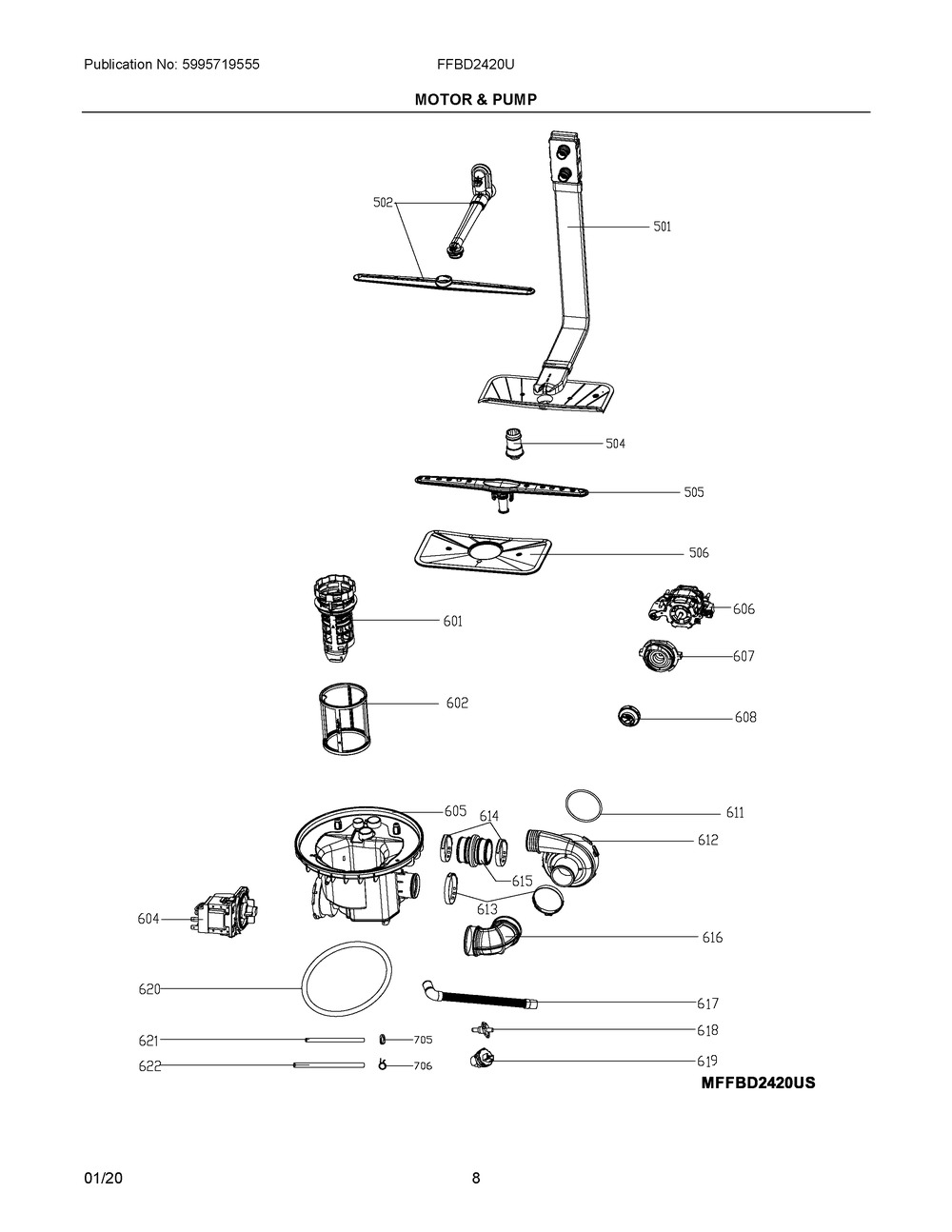 Motor & Pump Diagram and Parts List for FFBD2420UB  Frigidaire Dishwasher