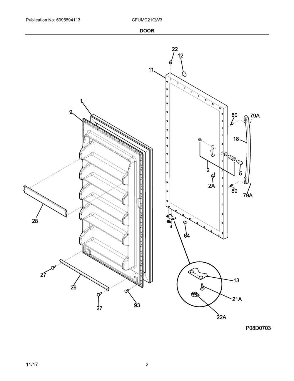 Door Diagram and Parts List for CFUMC21QW3  Frigidaire Freezer