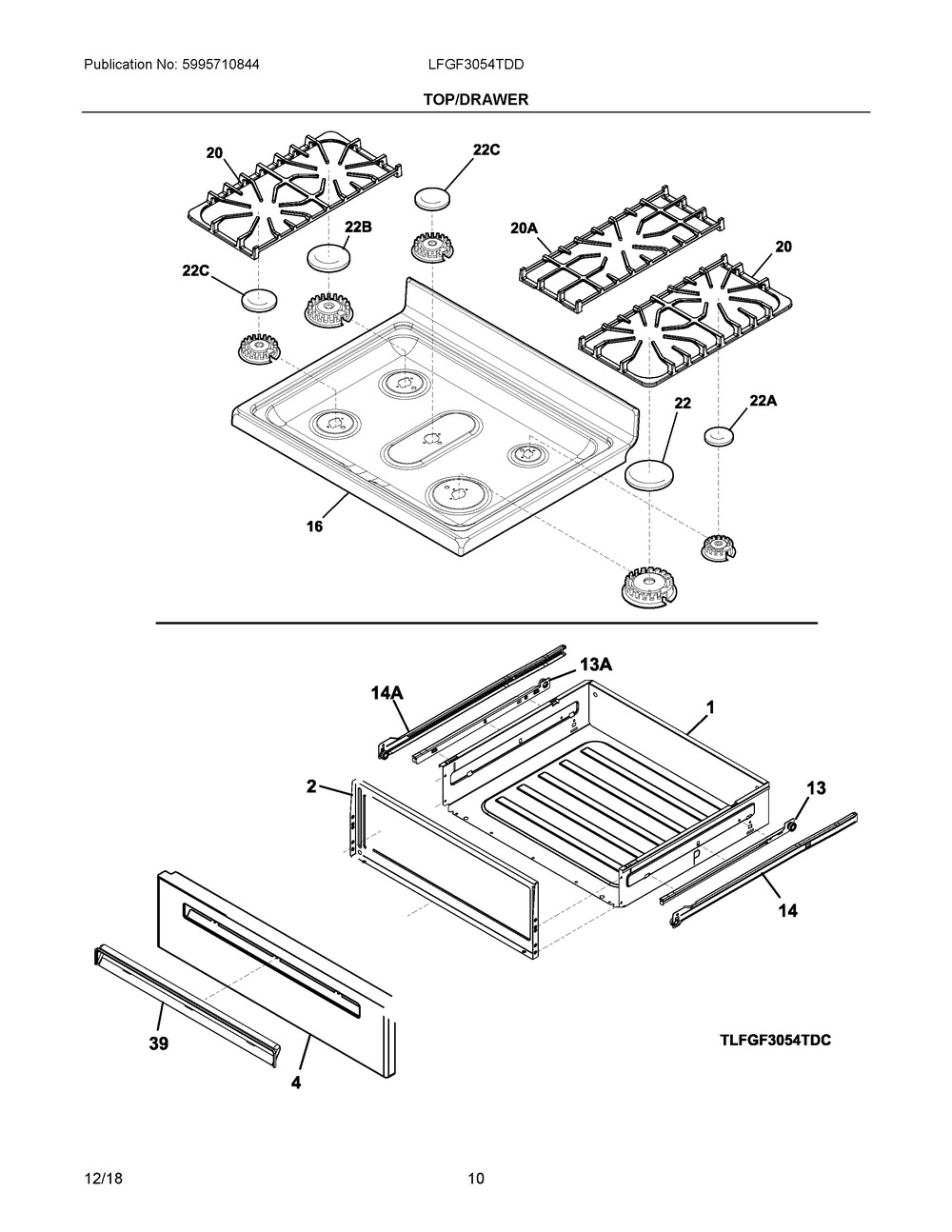 Top/drawer Diagram and Parts List for LFGF3054TDD  Frigidaire Range