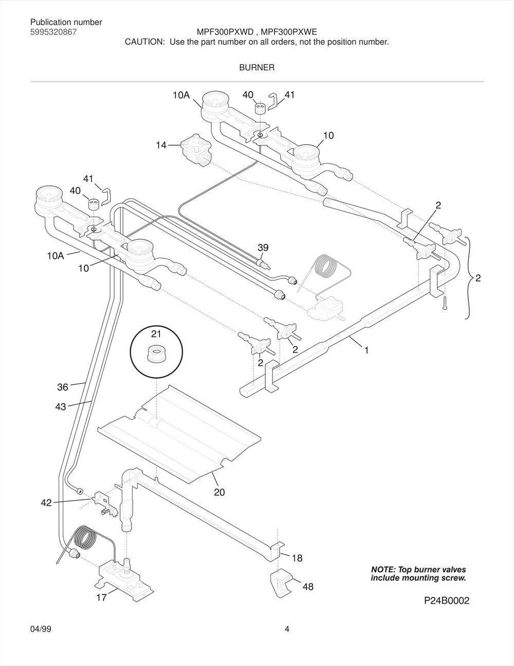 Burner Diagram and Parts List for MPF300PXWD  Frigidaire Range