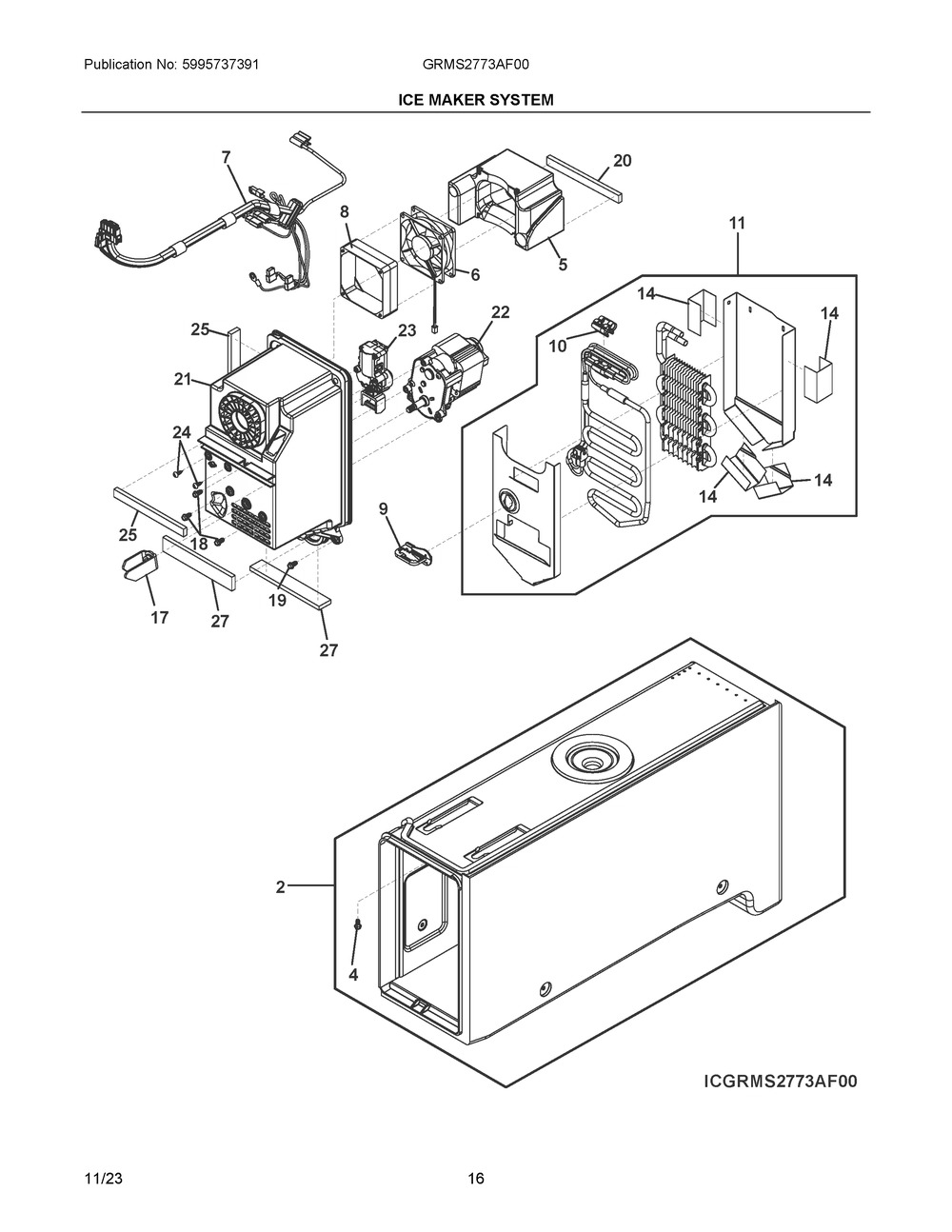 Ice Maker System Diagram and Parts List for GRMS2773AF00  Frigidaire Refrigerator