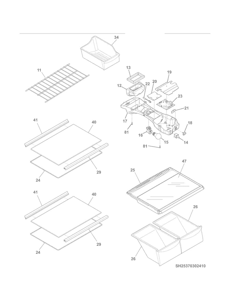 Shelves Diagram and Parts List for 25370309410  Kenmore Refrigerator