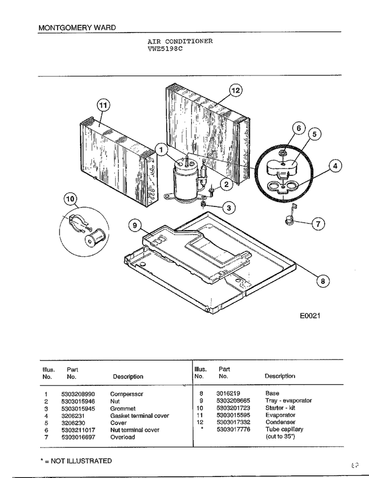 Air Conditioner Diagram and Parts List for 5198C  Frigidaire Air Conditioner