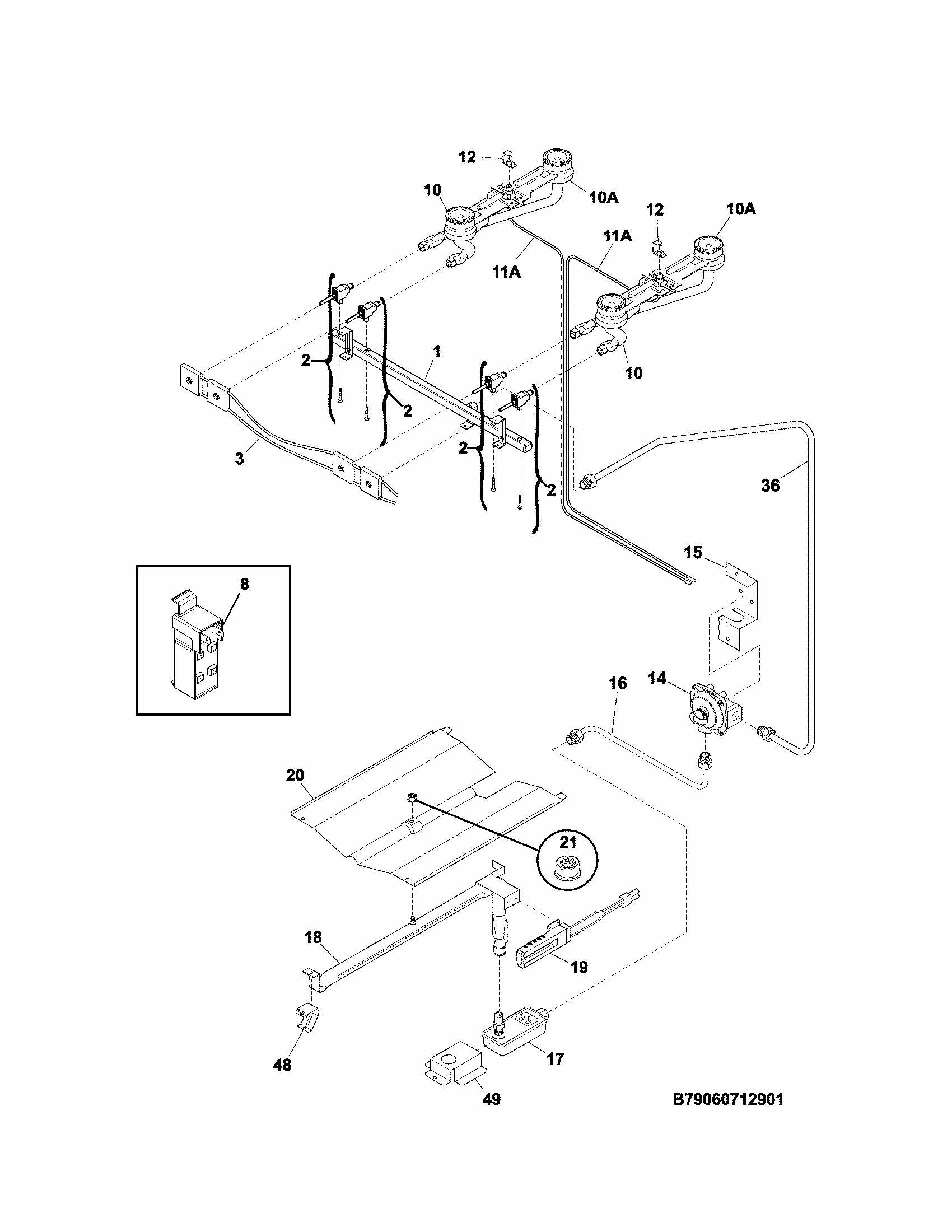 Burner Diagram and Parts List for 79060721903  Kenmore Range