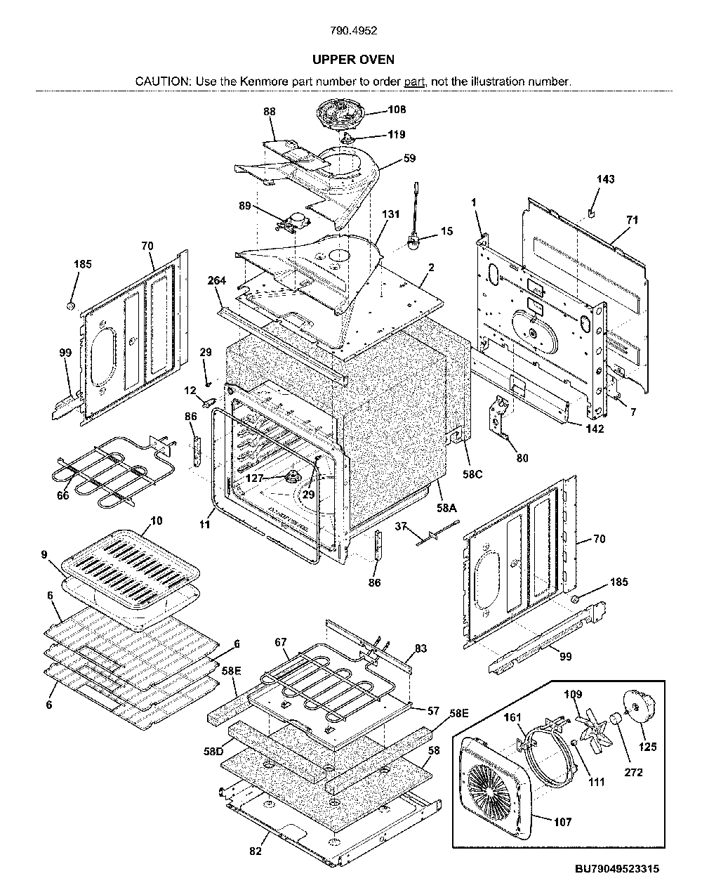Upper oven Diagram and Parts List for 79049529316  Kenmore Wall Oven