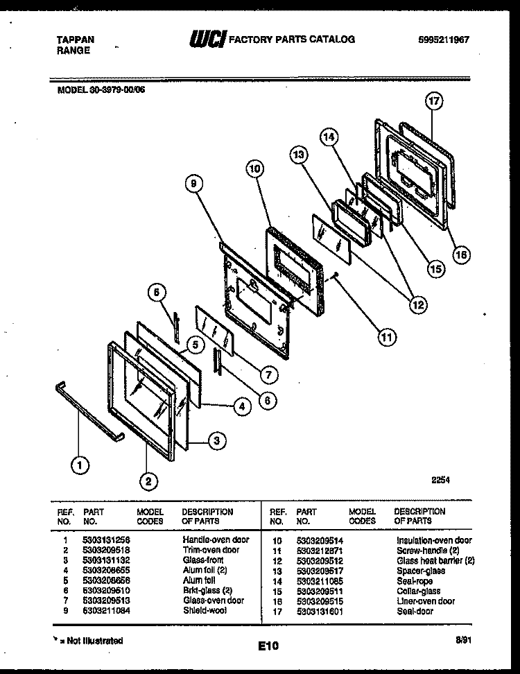 DOOR PARTS Diagram and Parts List for 30-3979-23-06  Tappan Range