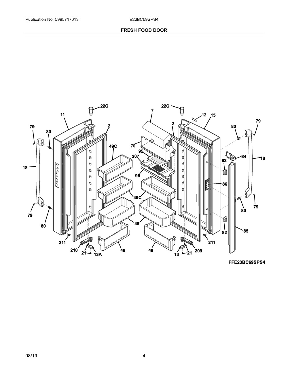 Fresh Food Door Diagram and Parts List for E23BC69SPS4  Frigidaire Refrigerator