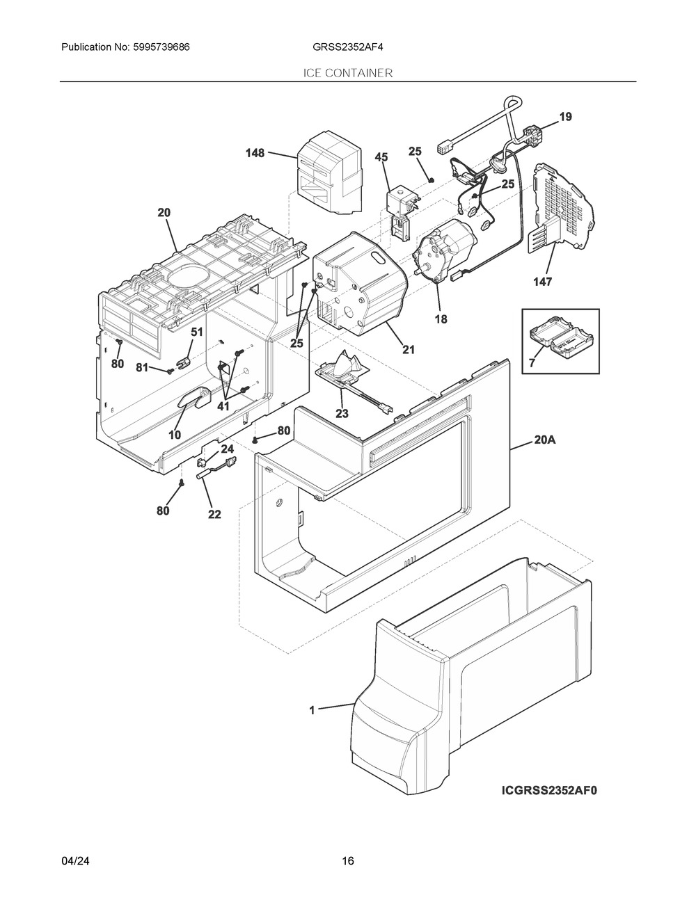 Ice Container Diagram and Parts List for GRSS2352AF4  Frigidaire Refrigerator