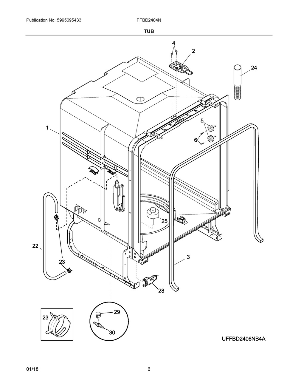 Tub Diagram and Parts List for FFBD2404NW10C  Frigidaire Dishwasher