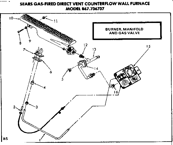 Burner manifold and gas valve Diagram and Parts List for 867736737  Frigidaire Furnace