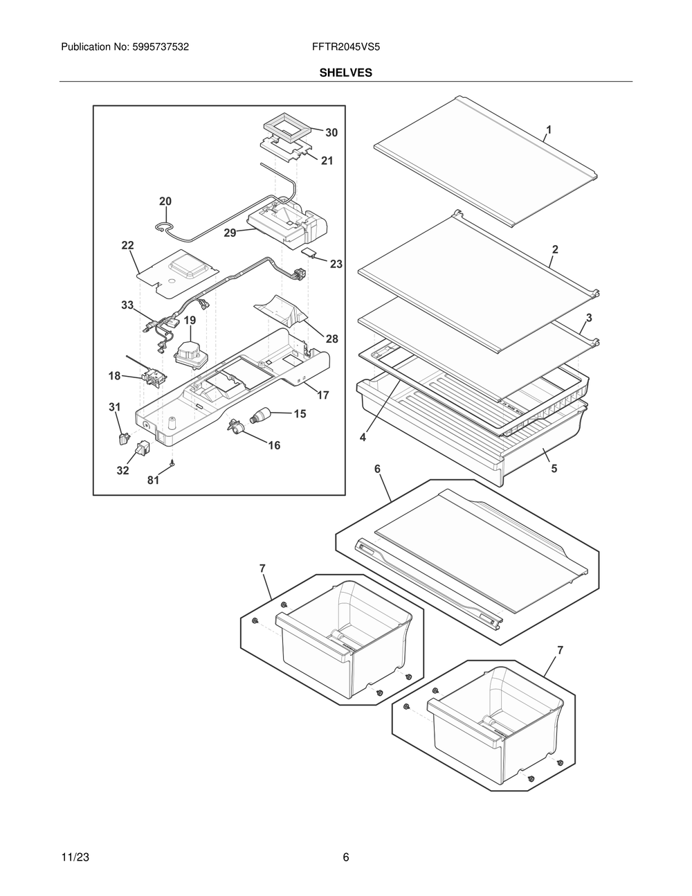 Shelves Diagram and Parts List for FFTR2045VS5  Frigidaire Refrigerator