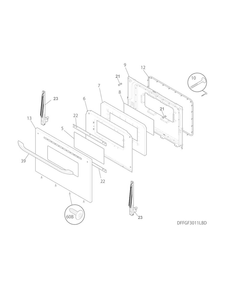 Door Diagram and Parts List for FFGF3015LBF  Frigidaire Range
