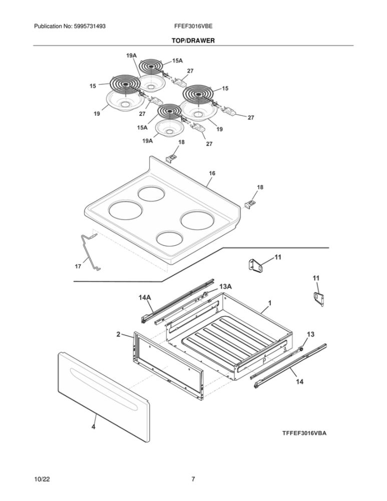 Top/Drawer Diagram and Parts List for FFEF3016VBE  Frigidaire Range