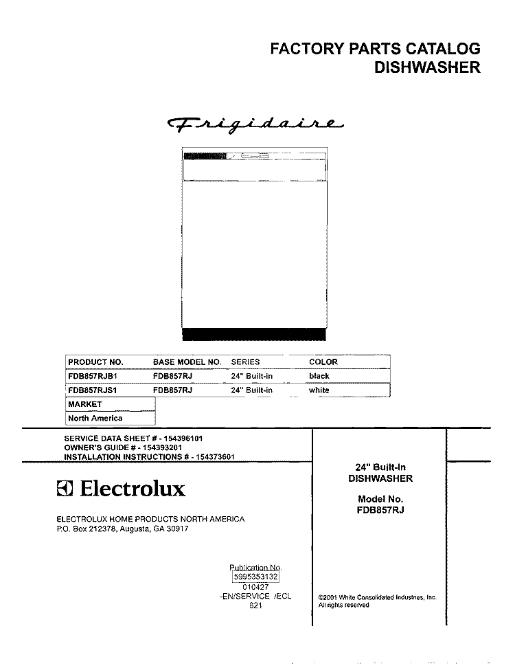 COVER Diagram and Parts List for FDB857RJB1  Frigidaire Dishwasher